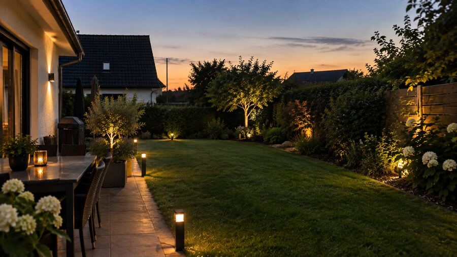 Terrasse und Garten stimmungsvoll beleuchtet mit Wegeleuchten in der Abenddämmerung